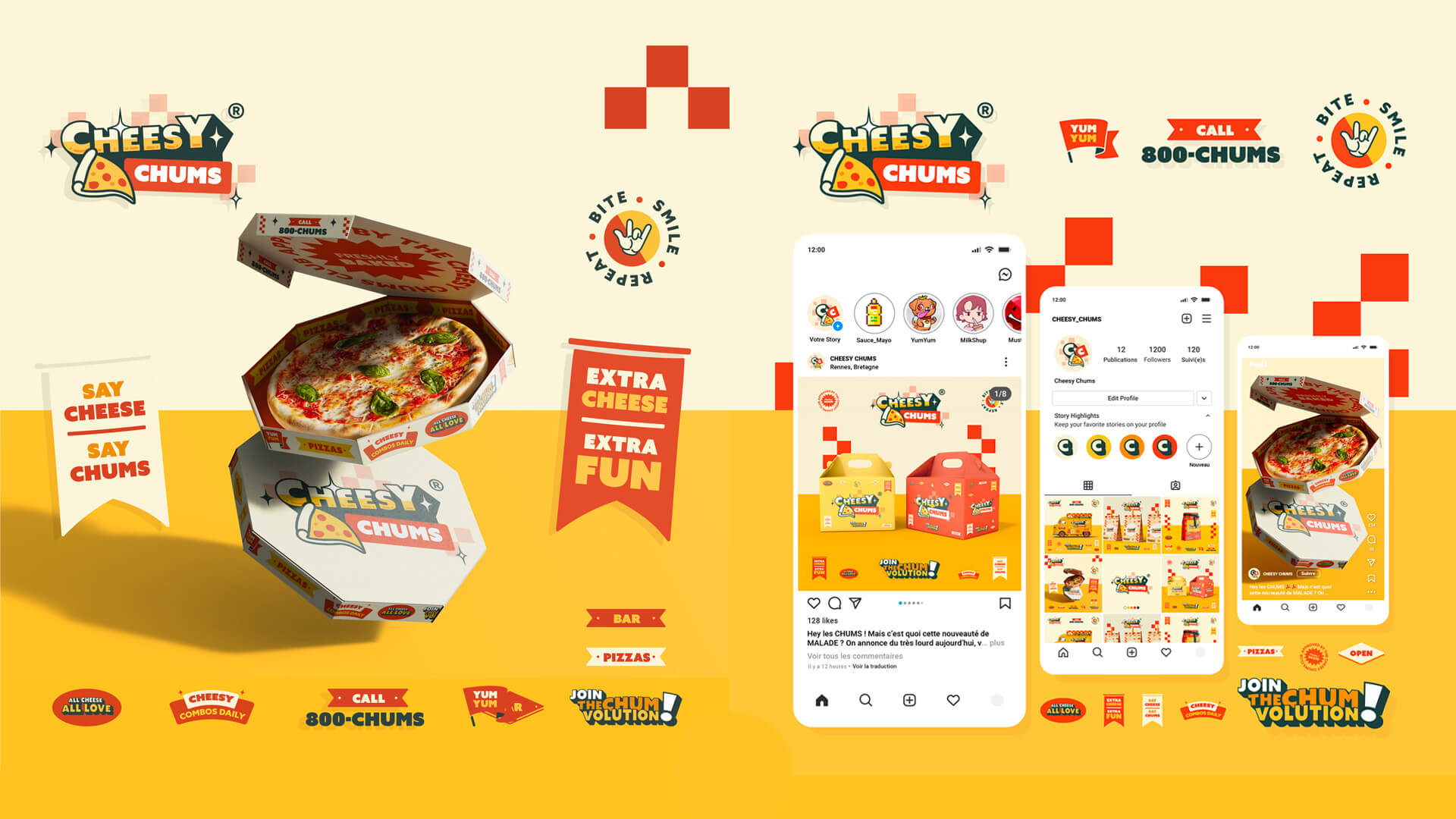 Tuto identité visuelle - Déclinaison du logo sur une boîte à pizza et sur des applications de type Instagram (story, reel, fil d'actualités...)
